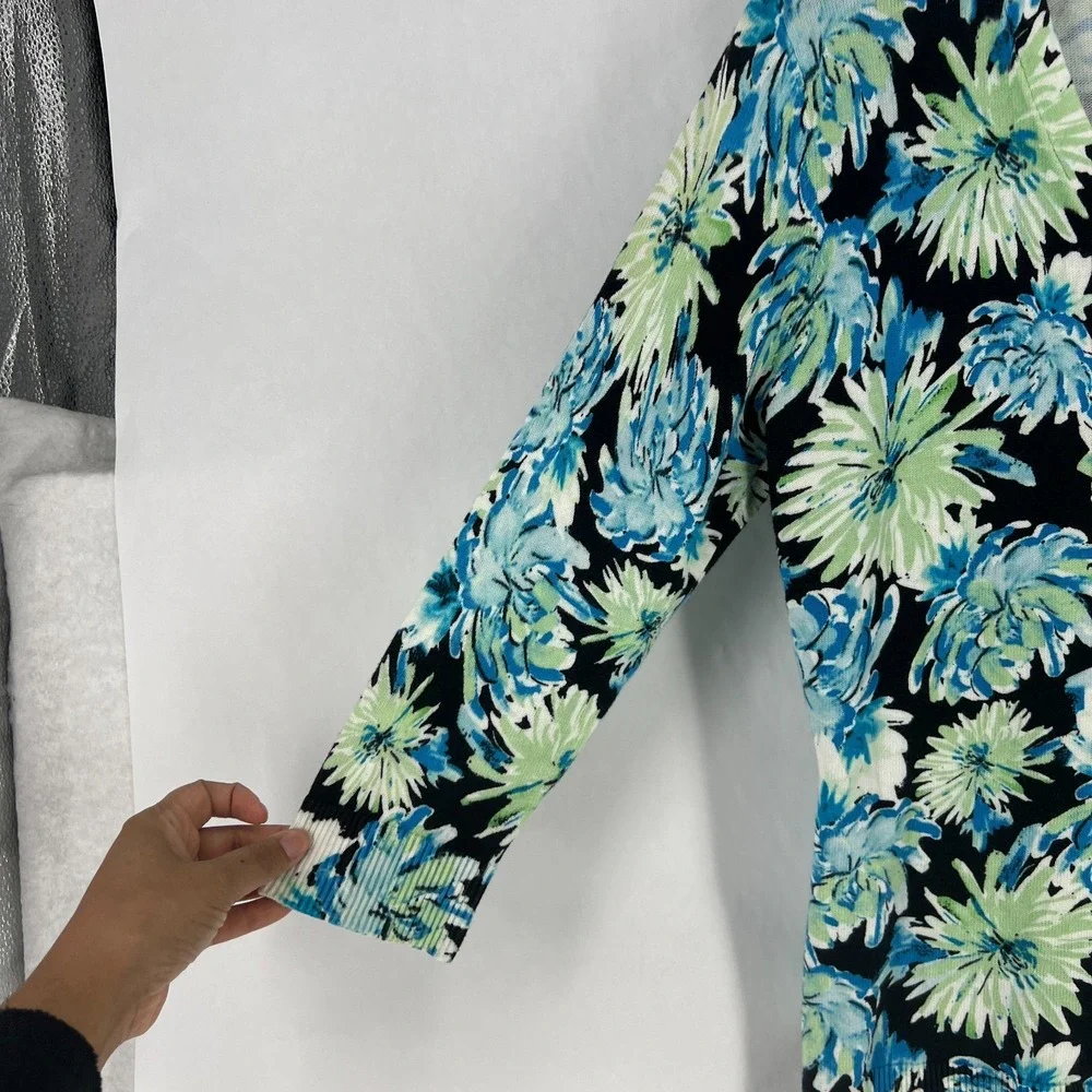 Nue Options Cardigan Sweater Womens PXL Blue Green Floral V‎ Neck Classic